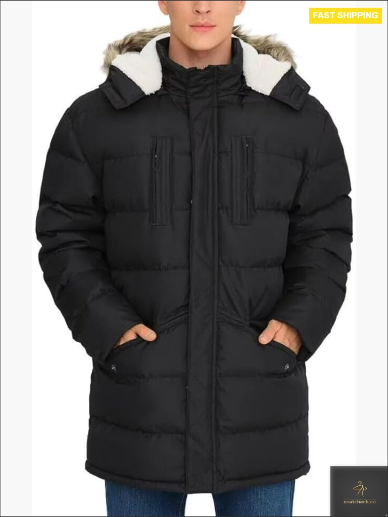 Men's Long Winter Puffy Insulated Hooded Windbreaker Coat With Sherpa Lining